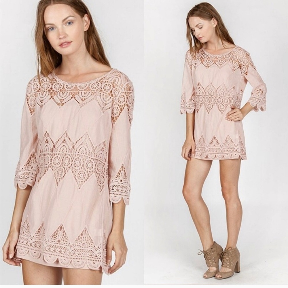 New Pink Crochet Boho Tunic Long Sleeve Mini Lace Dress - Picture 1 of 5